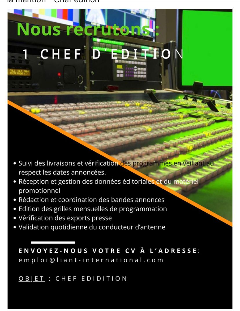 Nous Recrutons : 1 Chef d’edition
